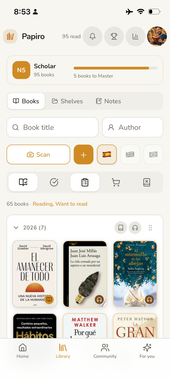 Papiro library with book covers and reading formats