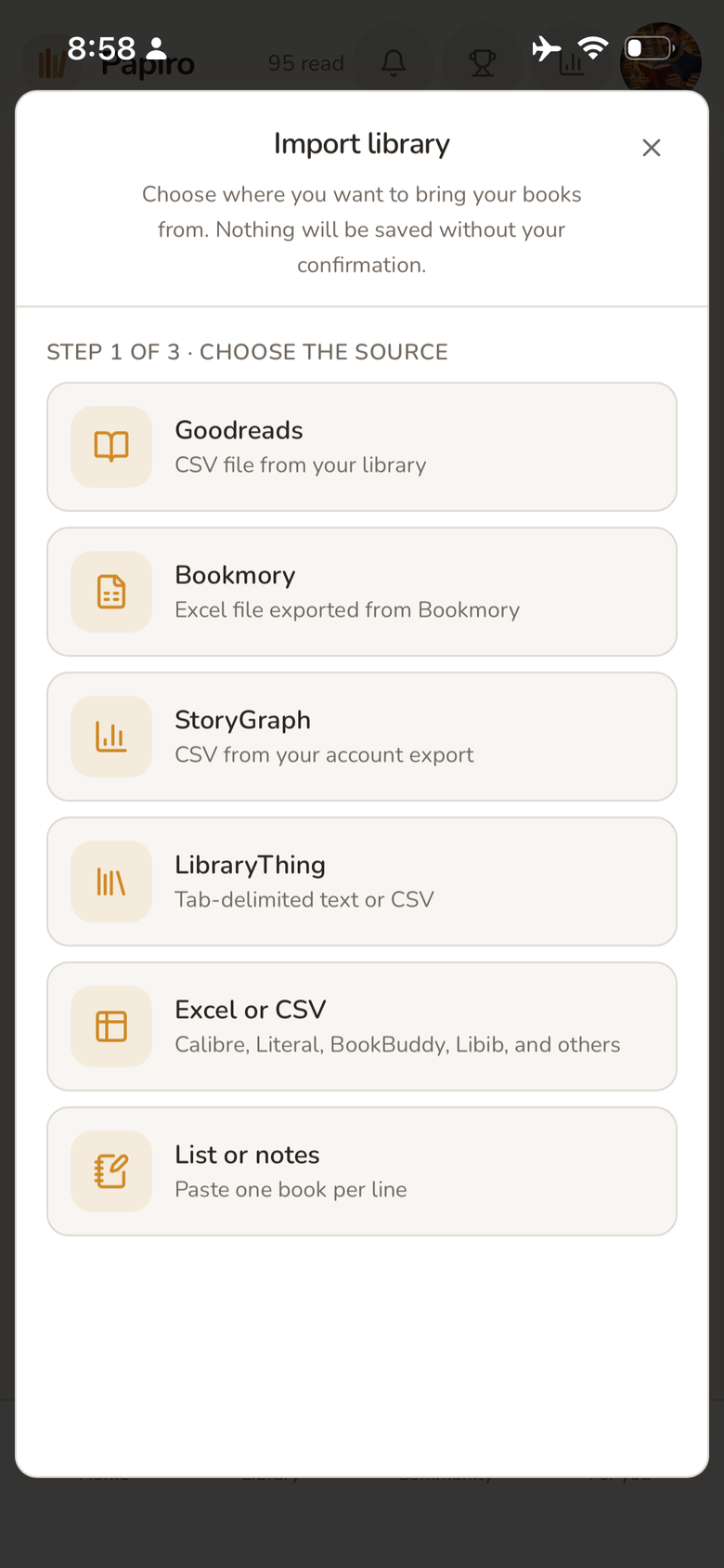 Options for importing a library into Papiro from different platforms and files