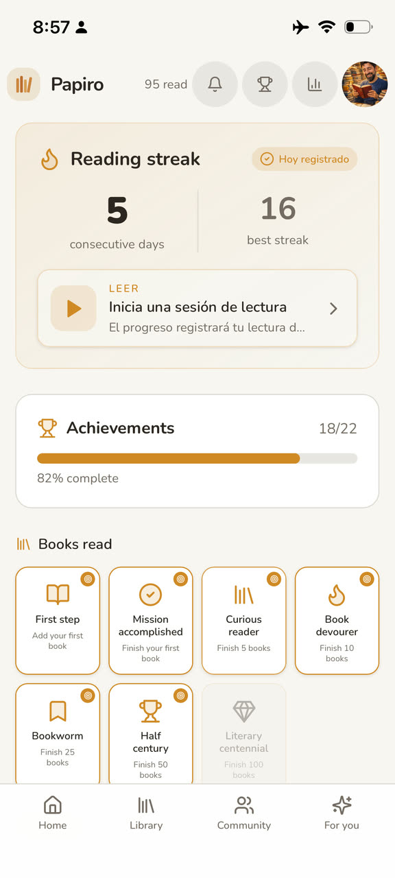 Reading streak and achievements in Papiro