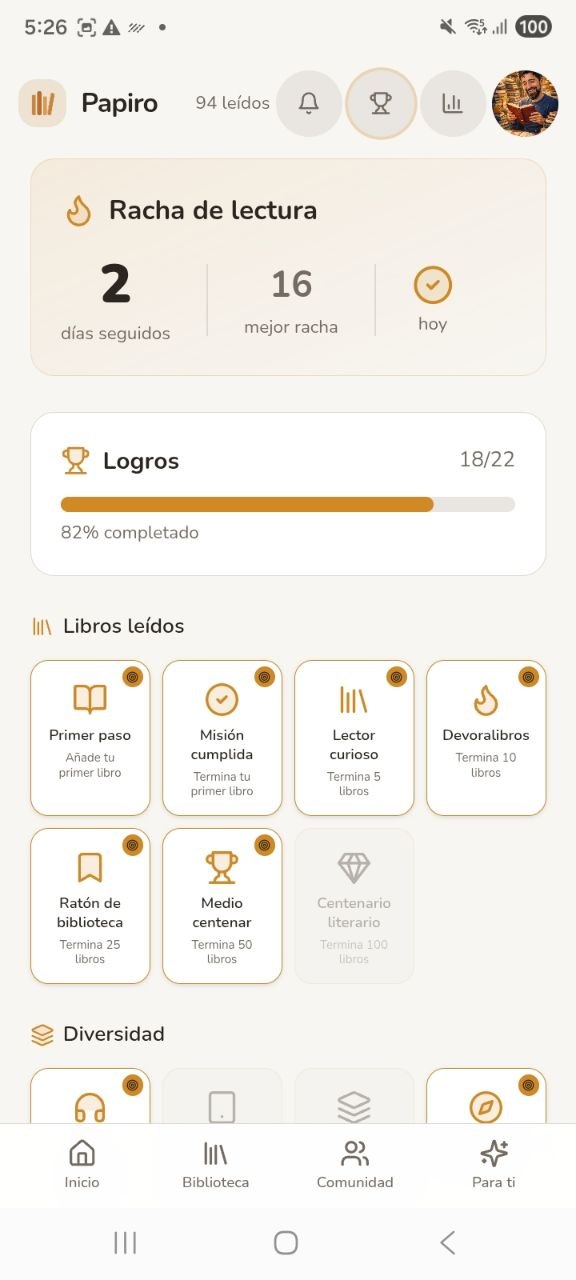 Racha y logros de lectura en Papiro