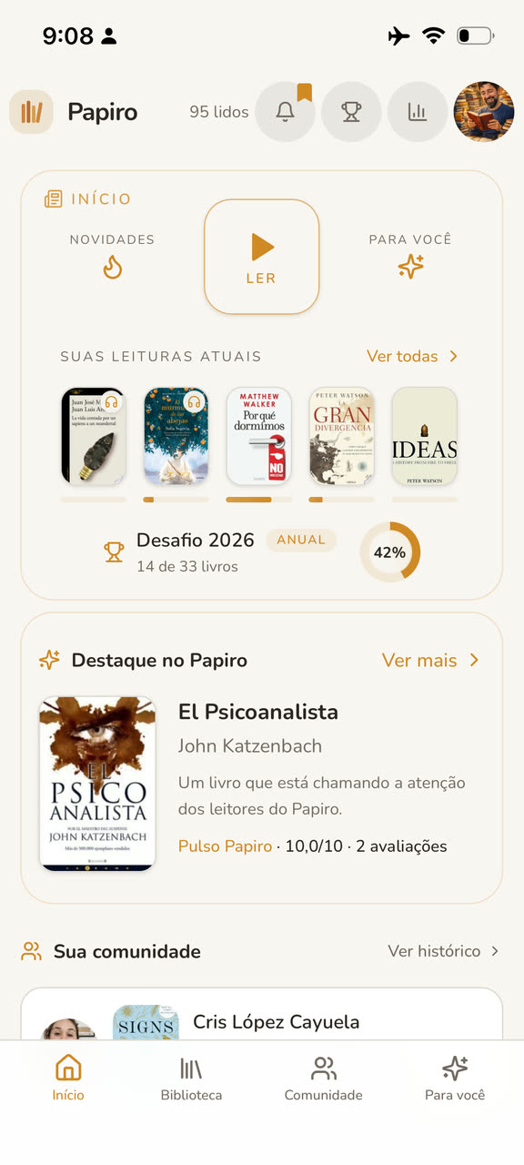 Início do Papiro com leituras atuais, desafio e atividade da comunidade